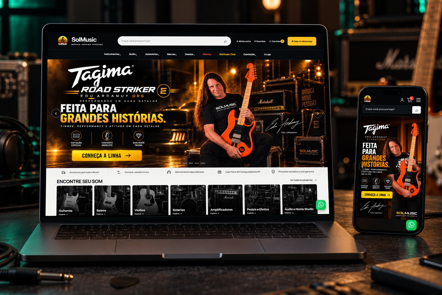 Projeto SoulMusic apresentado em um notebook e um celular, com as versões desktop e mobile do site